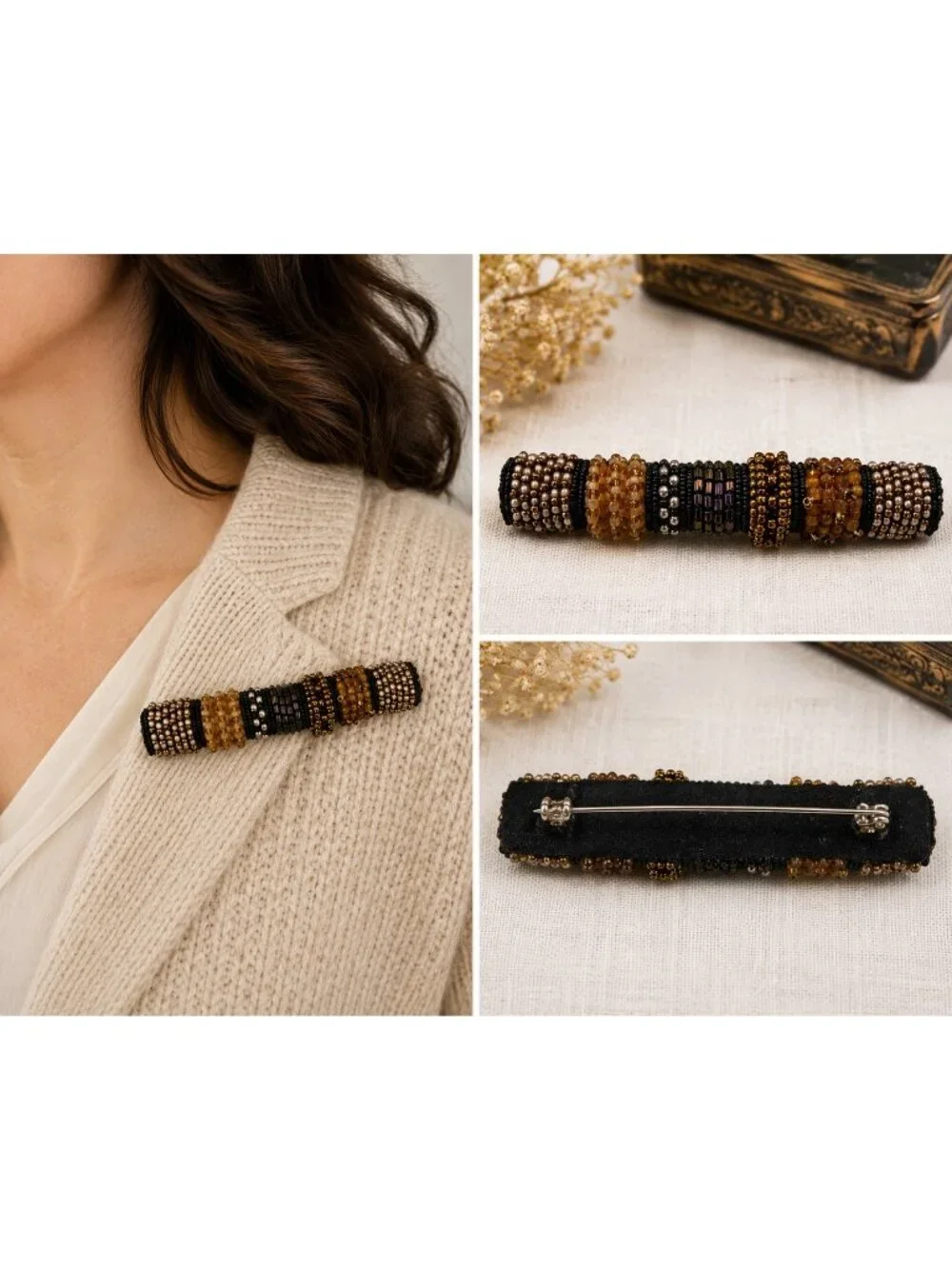 Vintage Beaded Brooch Brown Gold Black Seed Bead Faux Pearl Statement Pin Boho